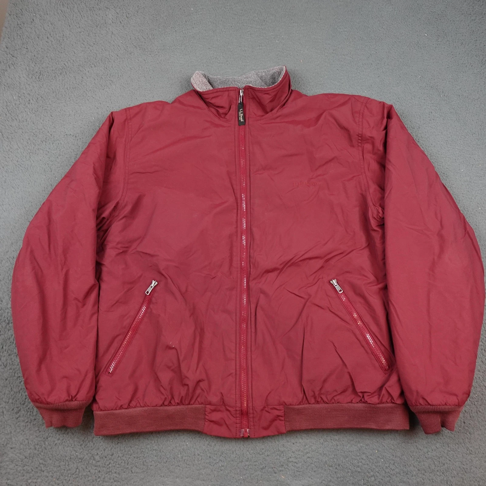 LL Bean Jacket Mens XL Burgundy Fleece Lined Nylon Insulated Full Zip Bomber