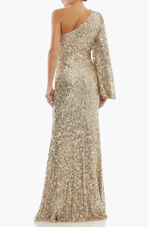 Mac Duggal Sequined One Shoulder Bishop Sleeve Trumpet Gown Gold Women's Size 8 - Image 2 of 4