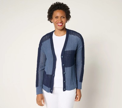 AnyBody 100% Cotton Color Block Button Front Sweater Cardigan Womens A702925 QVC