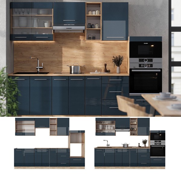 KüChenzeile Fame-Line Eiche Dunkelblau Hochglanz 280 Cm Mit Arbeitsplatte Vicco-image