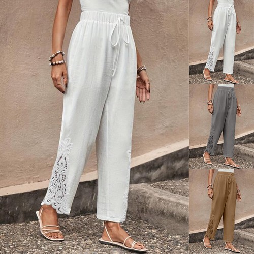 Womens Elasticated Waist Solid Cotton Linen Lace Trousers Casual Loose Pants