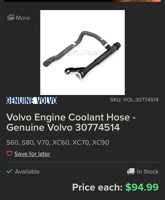 Genuine Volvo XC90 S80 S60 XC60 XC70 V60 V70 Engine Coolant Heater Hose 30774514