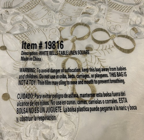 New White Bells Table Linen Square Tablecloth 34" White w/ Gold Embroidery Trim - Picture 2 of 5