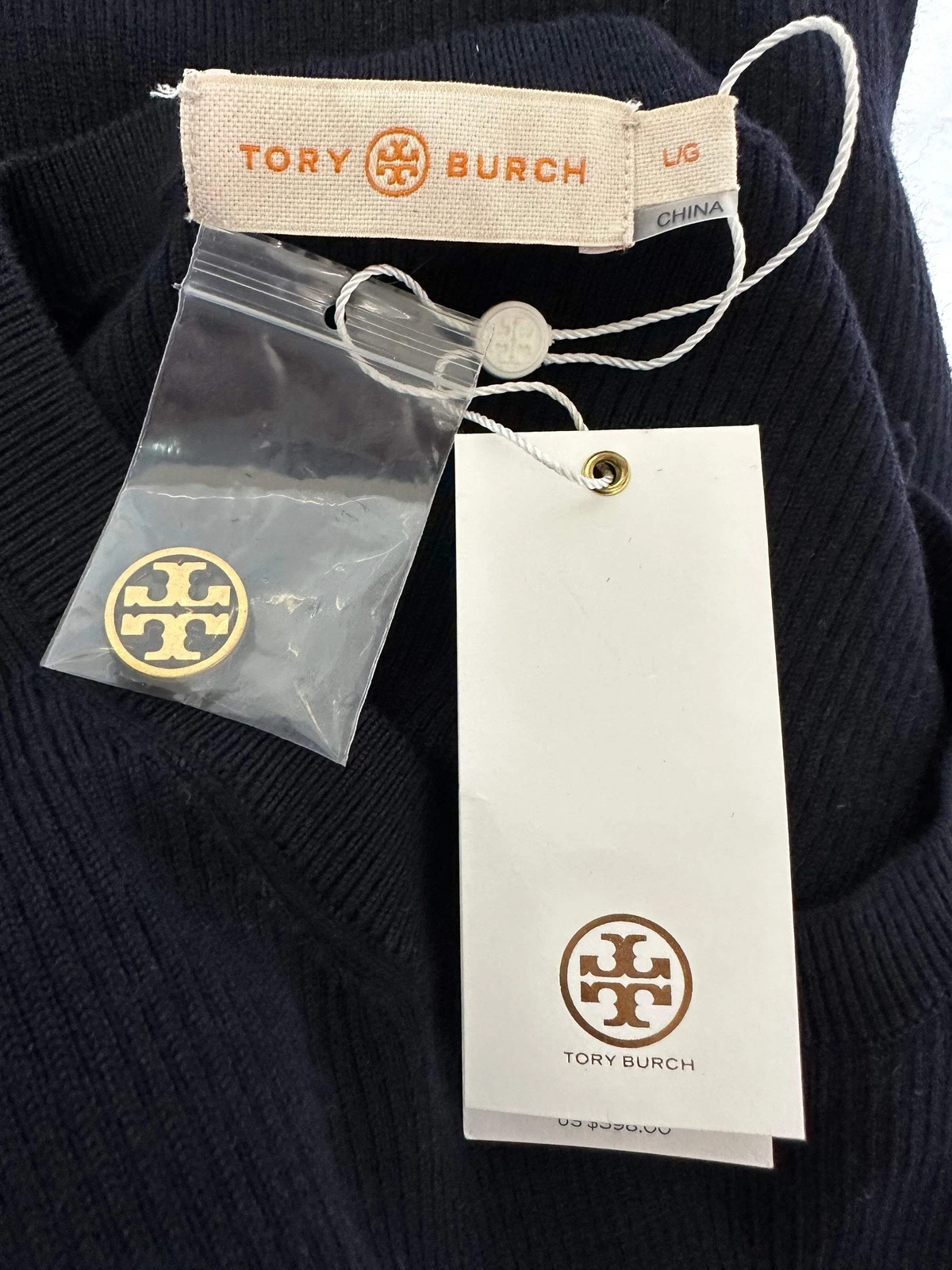Nuovo con etichette Abito maglione TORY BURCH blu navy misto lana maniche svasate L