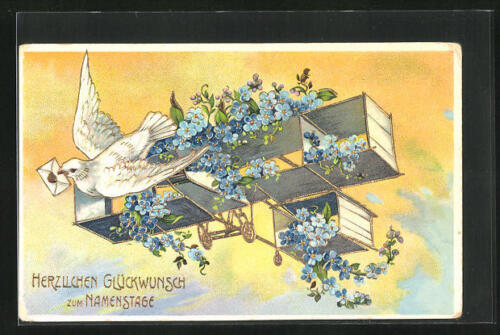 Relief-AK Flugzeug mit Blumen und Brieftaube, Glückwunsch zum Namenstag 1910  - Bild 1 von 2