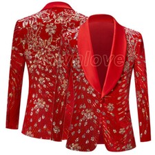 Men's Sequins Tuxedo Jacket Shiny Glitter Floral Dress Suit Blazer Coat Party
