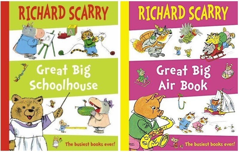 NEW x 2 RICHARD SCARRY busy books - GREAT BIG AIR & SCHOOLHOUSE A4 paperbacks