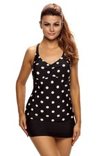 Women Black and White Polka Dot Halter Style Tankini Swimsuit Skirt Top or Set