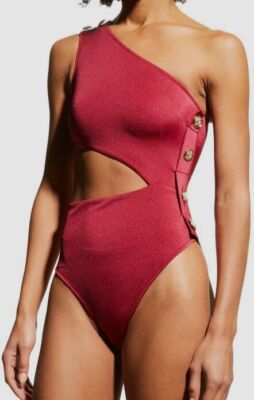 $351 Oye Women's Red Solid Rhea One Shoulder One Piece Swimsuit Size Small
