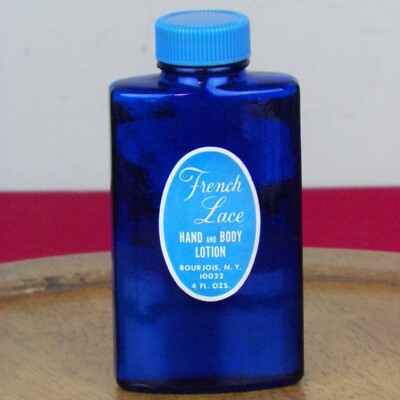 Vintage French Lace Hand Body Lotion Cobalt Blue Bottle Bourjois 1/2 Full 4 Oz