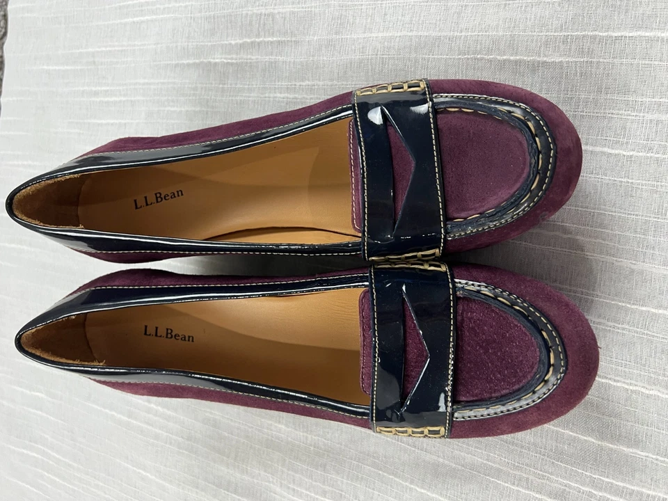 Tacones de cuña LL Bean Penny mocasines borgoña/negro tacón de madera para mujer talla 8M Foto 3 de 4