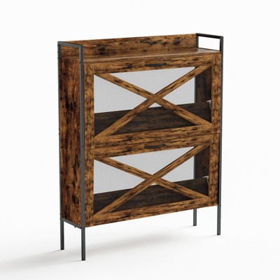 Narrow wooden Shoe Cabinet With double transparent steel mesh flip drawer.