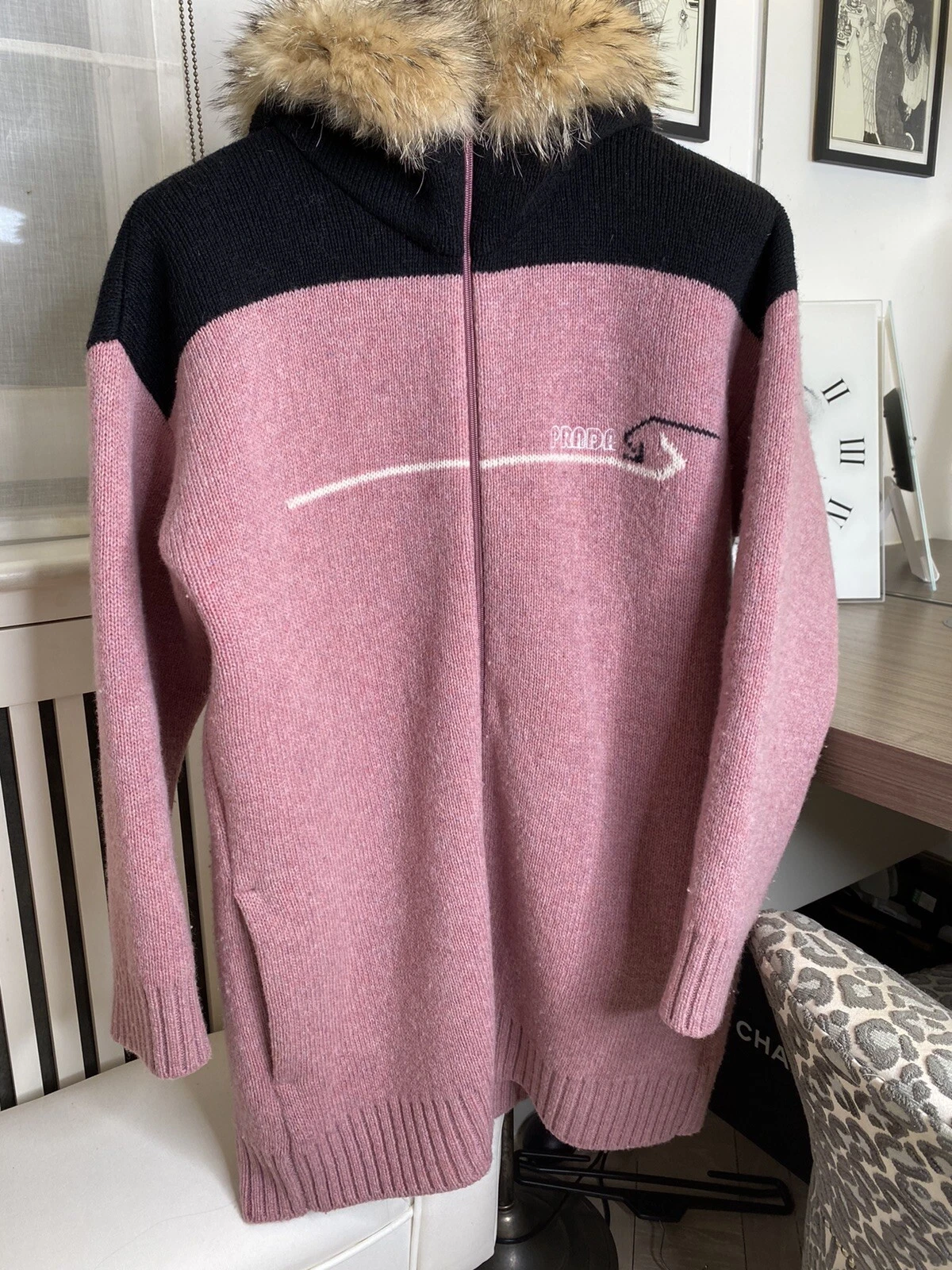 PRADA giacca bomber oversize (38 48) lana con pelliccia sul cappuccio (38 taglia Italia)