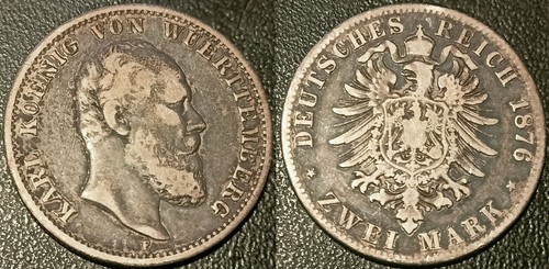 Alemania - Wurtemberg - Karl I - 2 Marcas De Plata 1876 F, Stuttgart ! KM#626