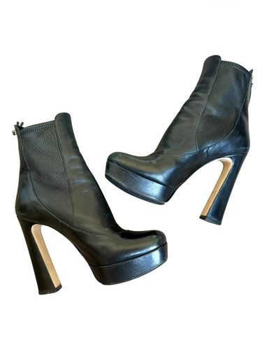 Miu Miu Black Leather Platform Ankle Boots Zip High Heel Booties 37.5 / US 7.5