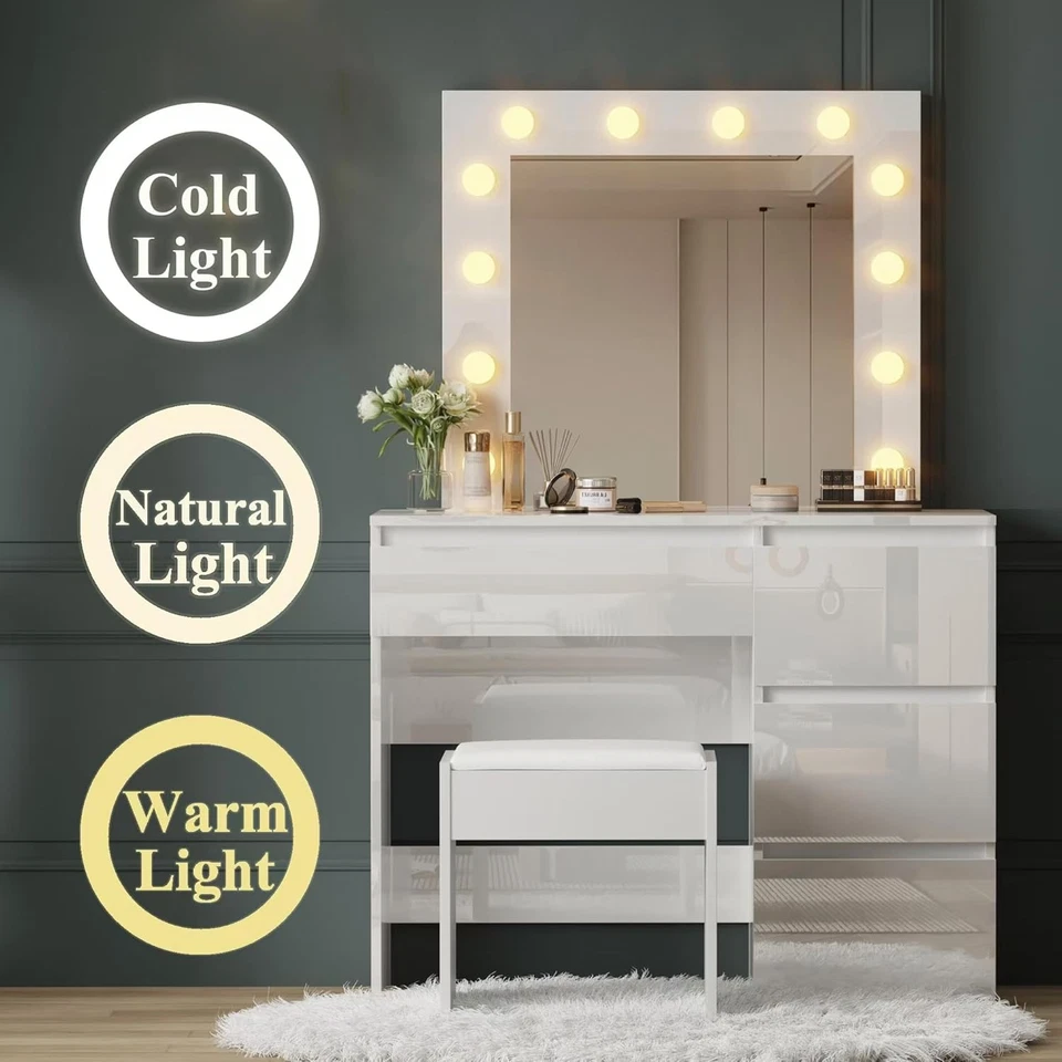 Vanity Dressing Table Set w/ LED Mirror High Gloss 4 Drawers Makeup Desk Bedroom - Image 2 of 4