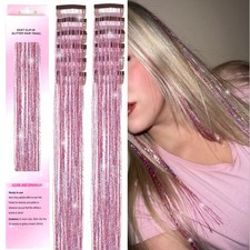 Hair Tinsel Clip in 12Pcs Pink Tinsel Hair Extensions, Clip in Hair Tinsel Fairy