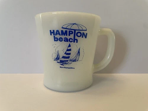 Vintage Hampton Beach Advertising Milk Glass Coffee Cup Mug Fire-King Ware USA
