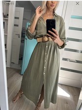 ZARA NEW KHAKI COLLARED LINEN BLEND BELTED SHIRT DRESS SIZE S 