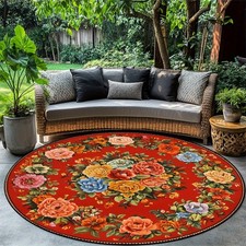  Bohemian Floral Round Mat-Vibrant Red w/Multicolor Flowers,Hand Washable  Fade