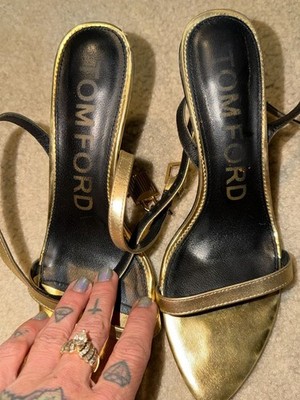Tom Ford Gold Metallic Padlock Ankle Strap Stiletto Sandals Size 41