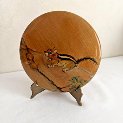 VTG Oregon Myrtle Wood 6'' Round Painted Scene Wall Hanging Ground Squirrel