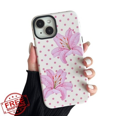 branple iPhone 15 Case 6.1'' Polka Dot Floral Lily Flower Pink
