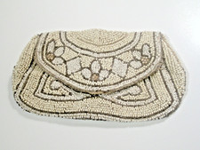 VTG. Beaded Purse/Clutch White/Cream Gold Beads Satin Lining Floral Art Dec VNC