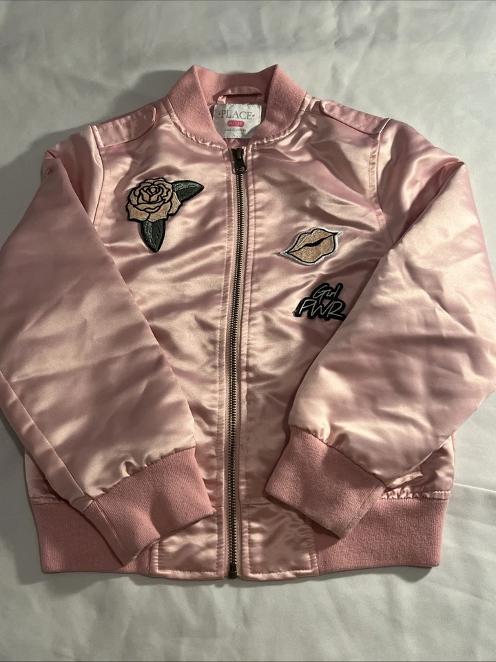 Children's Place Girl's Pink Satin Bomber Jacket, Power Rose, Size M 7/8 - Image 3 of 4