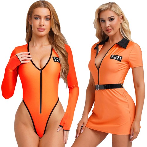 Damen Gefangener Kostüm V Ausschnitt Bodysuit Kleid High Cut Häftling Kostüm - Picture 2 of 34