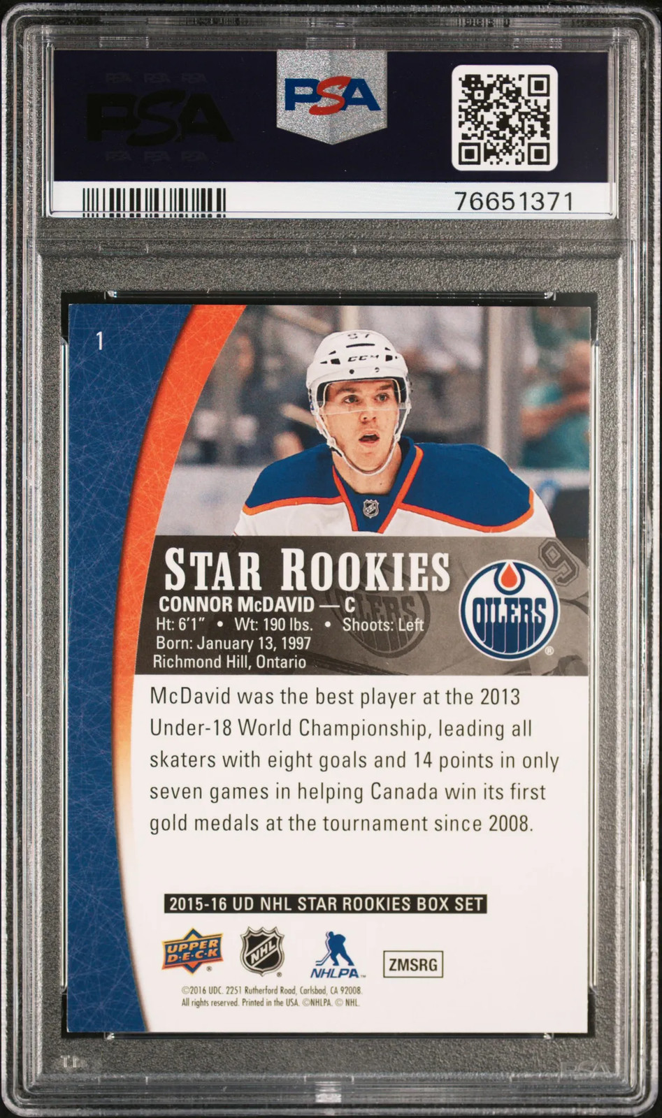 2015-16 Upper Deck Star Rookies Connor McDavid #1 Rookie PSA 8 view 2
