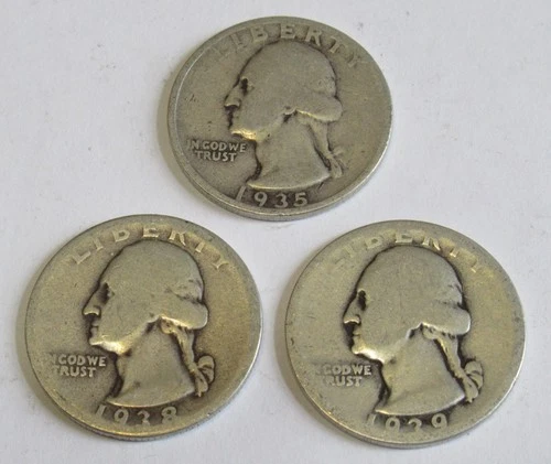 Lot of 3 Washington Quarters - 1935, 1938 & 1939