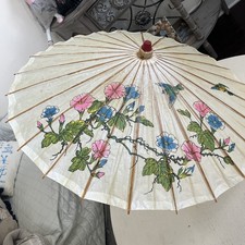 VINTAGE ORIENTAL HANDCRAFTED RICE PAPER PARASOL W/ BIRDS  FLORALS. 40" ROUND