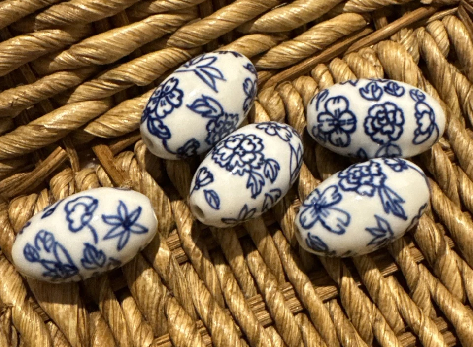 Grandes 5 flores ovaladas vintage pintadas a mano azul blanco porcelana china 27 mm Foto 3 de 3