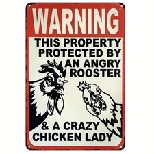 Vintage Funny Rooster Chicken Lady Warning Sign Metal Tin Farmhouse Garden Decor
