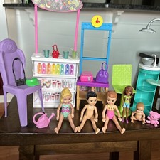 Barbie Play Set. Dentist, Bookshelf, Drink Stand,2 Chairs, 4Dolls, Baby, More