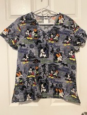 DISNEY HALLOWEEN SCRUB SHIRT TOP MEDIUM M 3 Pockets MICKEY MINNIE MOUSE