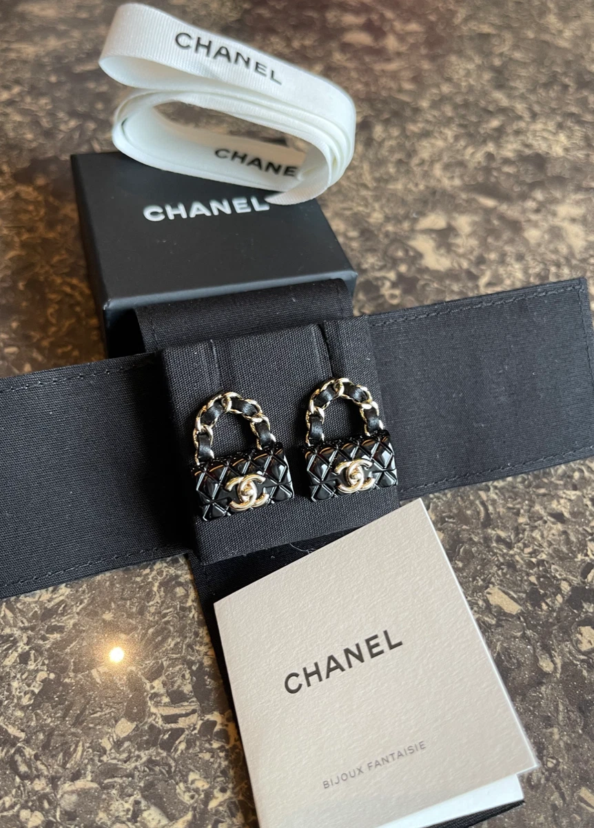 NEW Chanel 23C Black Resin Classic Flap Quilted Bag Earrings