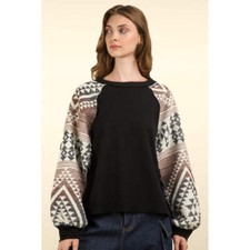 VERY J Printed Long Sleeve Round Neck Knit Top