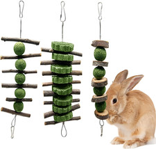 3 Pcs Bunny Teeth Grinding Chew Toys, Apple Branch Chewing Sticks with Grass Bal