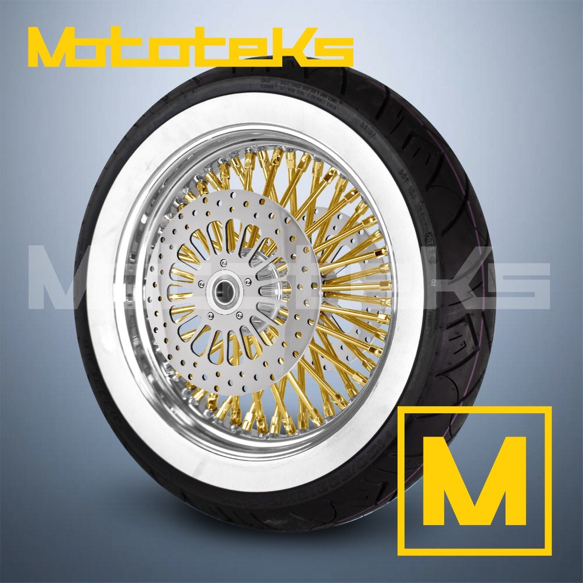 MOTO FLAT RING 24K ACCENT ＃16 16X3.5 FAT SPOKE WHEEL 52 STAINLESS 24K GOLD FOR HARLEY TOURING