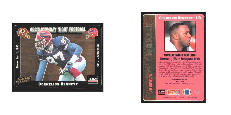 1993 Action Packed Cornelius Bennett Bills #37 - Image 3 of 3
