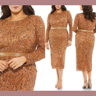 NWT Mac Duggal [ 16W ] 5518 Embellished Long Sleeve High Neck Dress Copper #J956