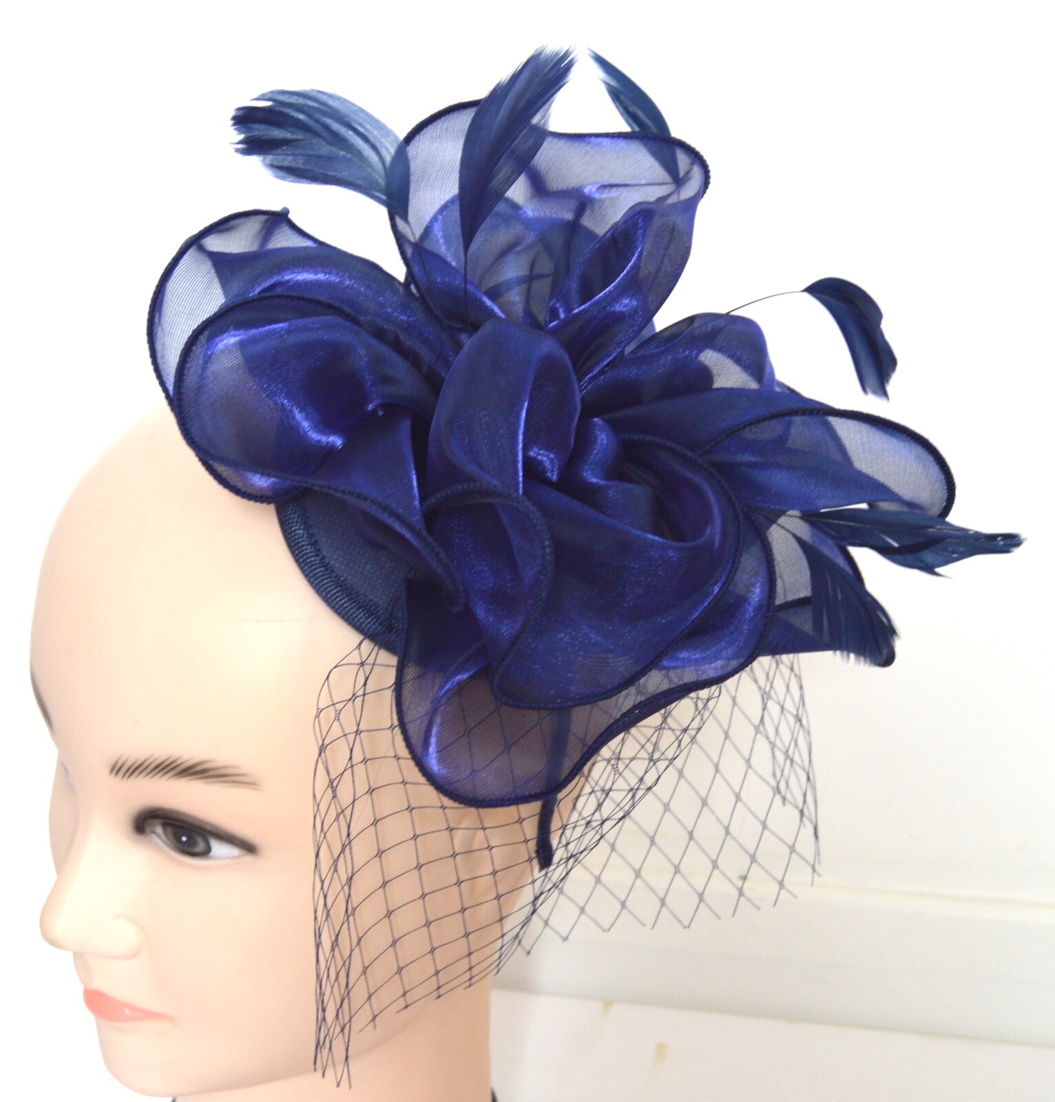 NEW Large Navy Blue Chiffon Fabric Aliceband Fascinator Wedding Races Ascot