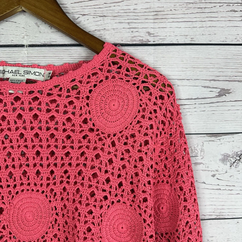 Michael Simon Sweater Womens OS Pink Crochet Lace Knit Bright Art Heavy - Image 4 of 4