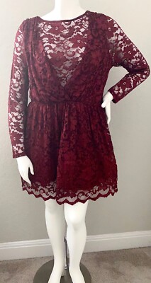 ASOS Curve Burgundy Maroon Red Lace & Tulle Long Sleeve Party Dress Plus 16  New! | eBay