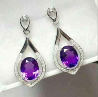 3Ct Oval Cut Amethyst Drop/Dangle Solitaire Women's Earring 14K White Gold Over