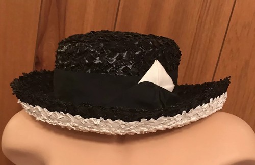 Vintage GAGE Derby Hat Womens Black White Woven Plastic Rolled Brim Fedora 1950s - Picture 2 of 12