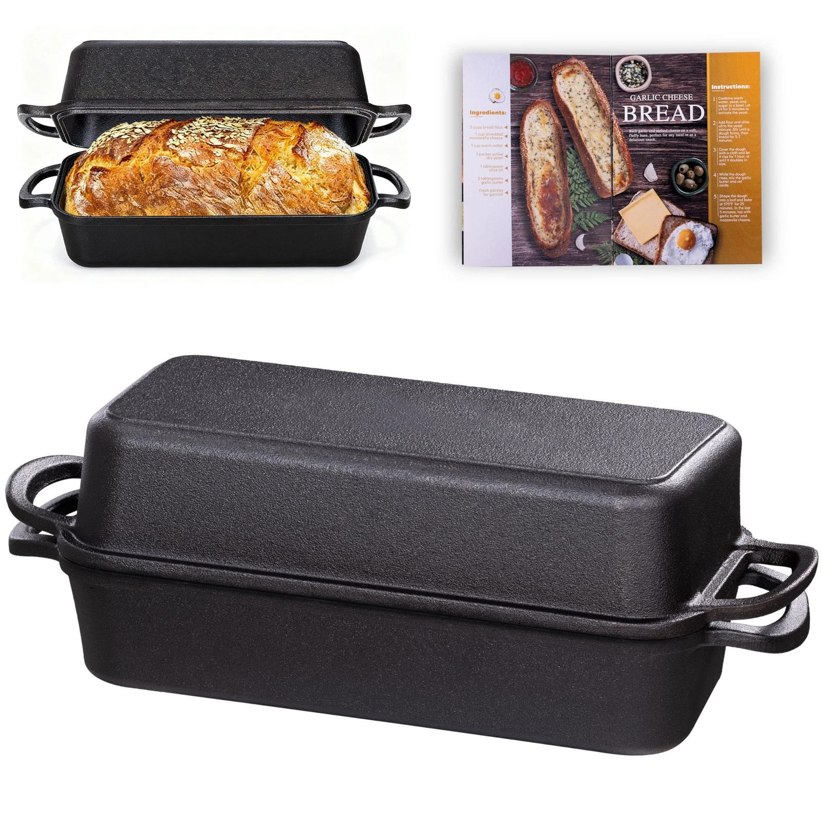 11x5 Inch Cast Iron Loaf Pan with Lid, Large Dutch Oven Bread Loaf Pan for So...