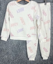 JUICY COUTURE Cream and Pink Lounge Set Pajamas Fuzzy Fleece Soft Cozy Girls S 5